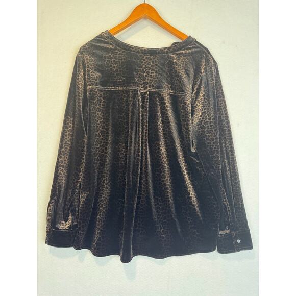 Investments II Velvet Leopard Blouse Burnout Top Long Sleeves Black Brown Sz 1X - Picture 7 of 8